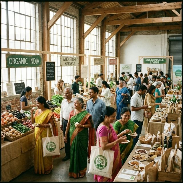 Happy visitors exploring organic exhibition stalls